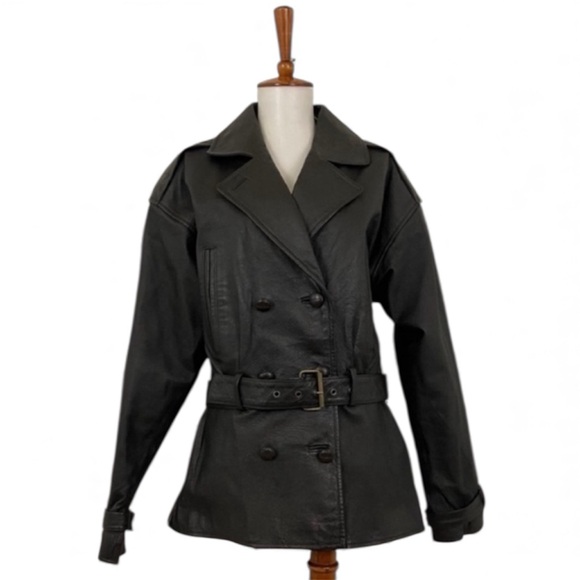 Vintage Leather Double Breasted Coat Women's M Belted Trench Style